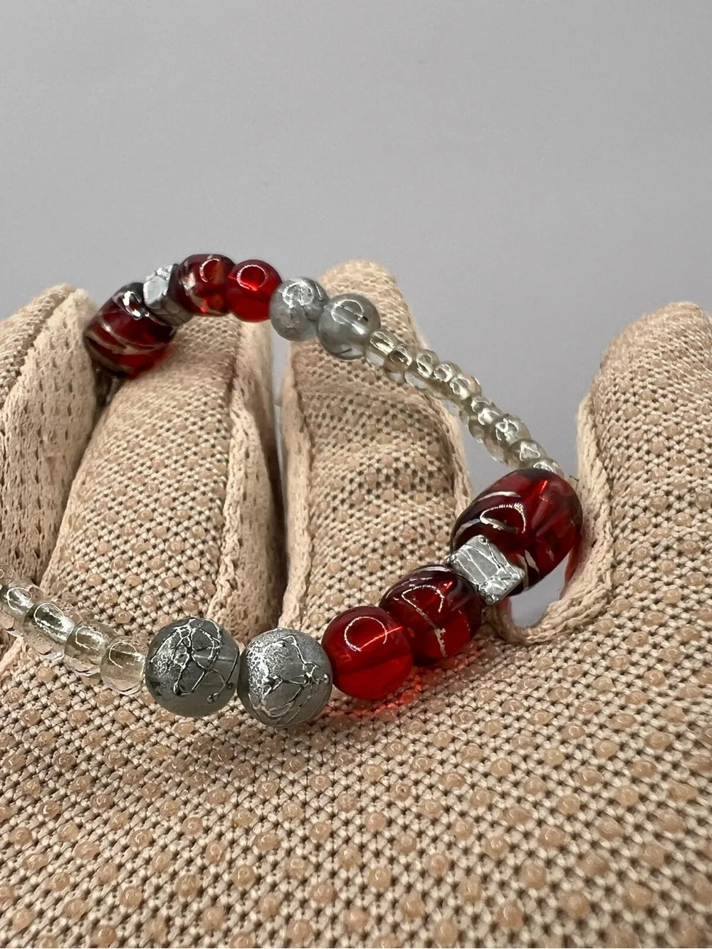 Handmade Red & Silver Glass Beaded Elastic Statement Bracelet